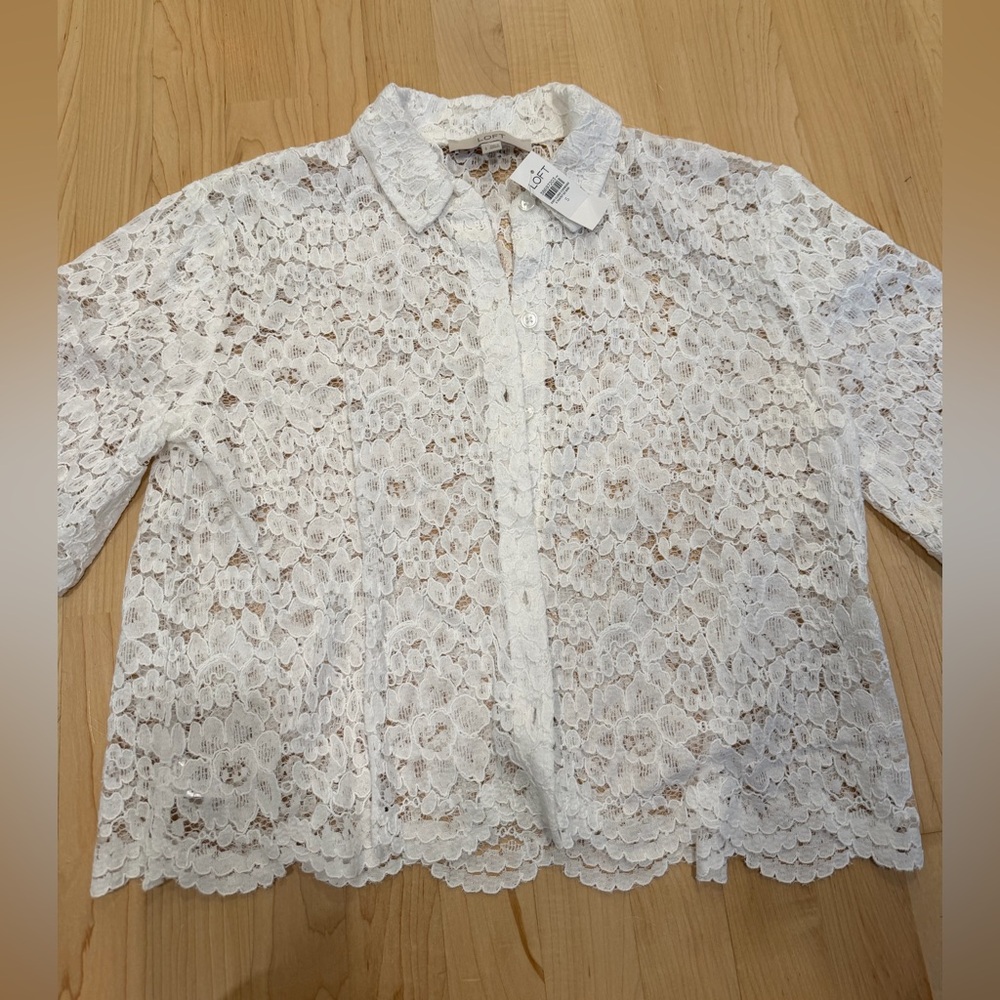 LOFT White Lace Button-Down Shirt